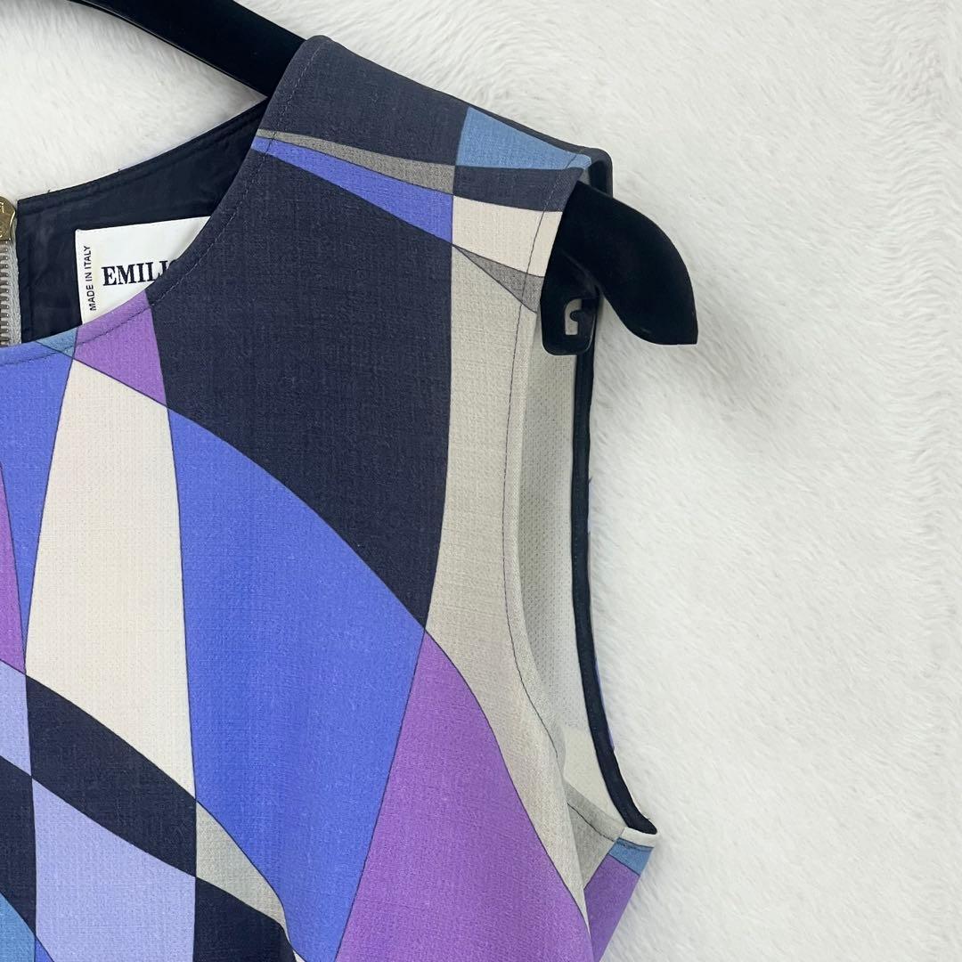 美品【エミリオプッチ】ウールウエストフリルノースリーブワンピース☆幾何学柄☆L