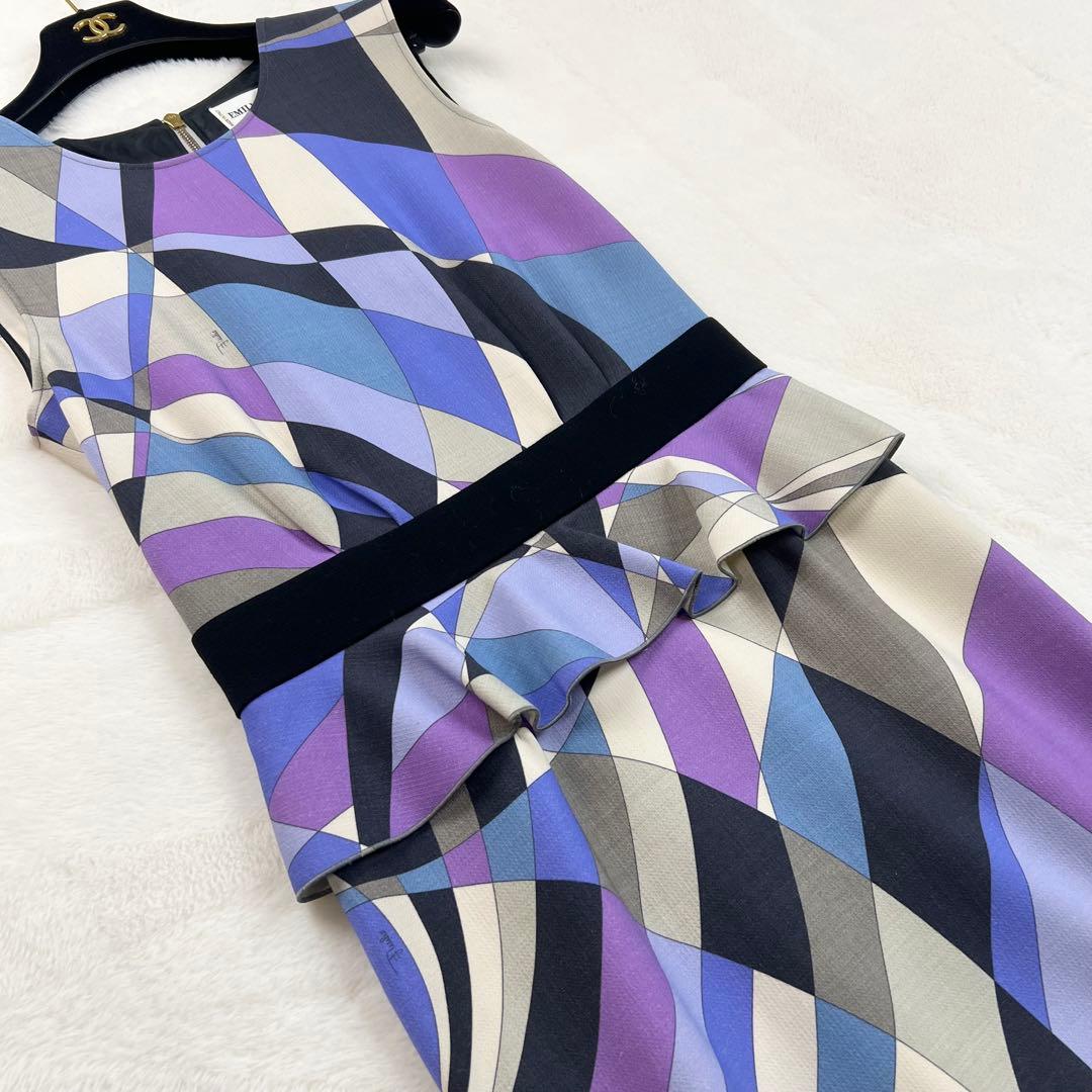 美品【エミリオプッチ】ウールウエストフリルノースリーブワンピース☆幾何学柄☆L