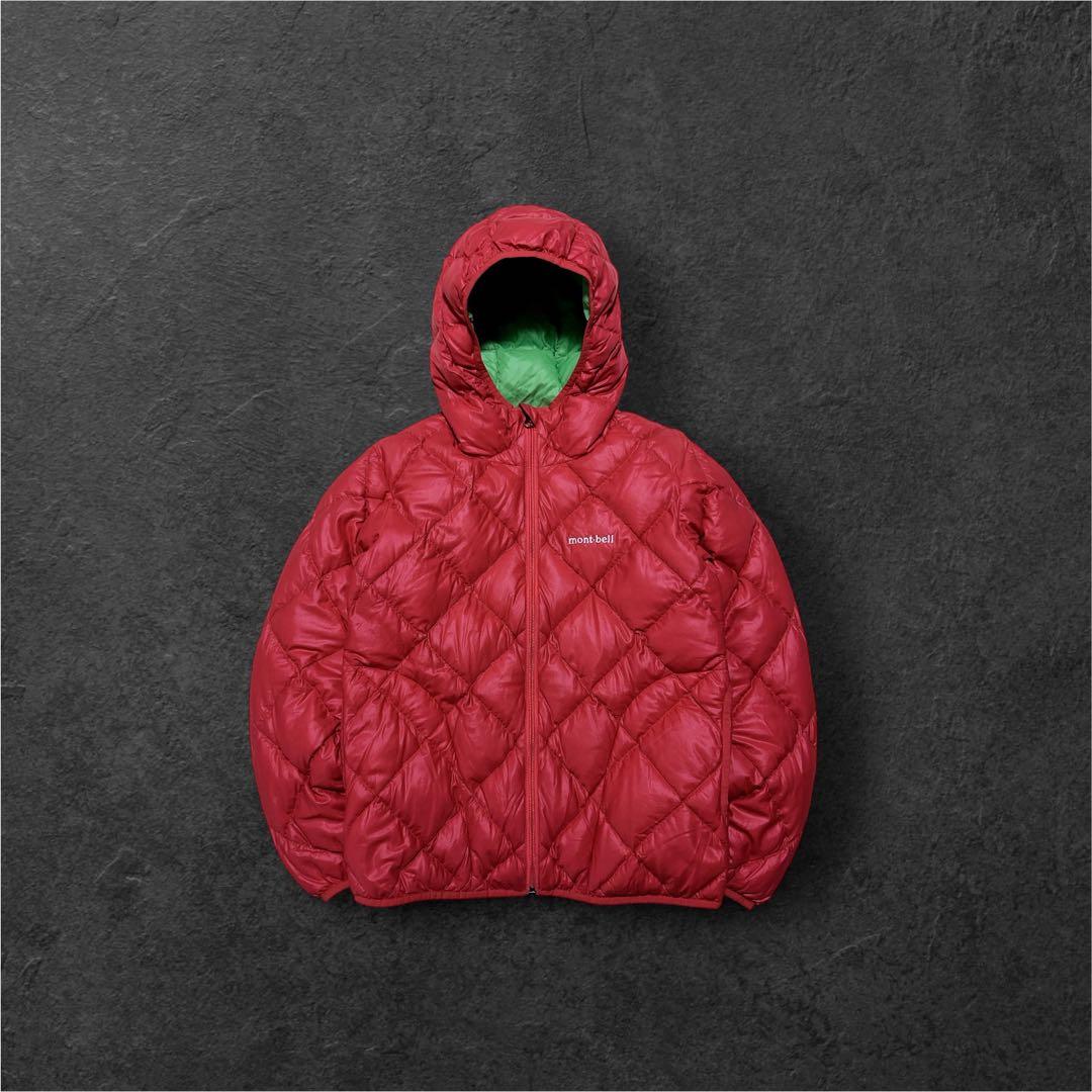 美品 モンベル down jacket parka green/red 収納袋付