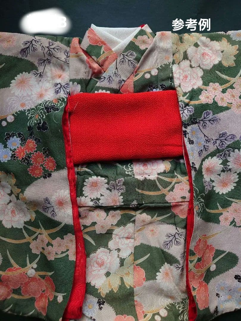 市松人形の着物　薄手の縮緬　振り袖　古布　袷　比翼付き　15号52cm用　帯付き