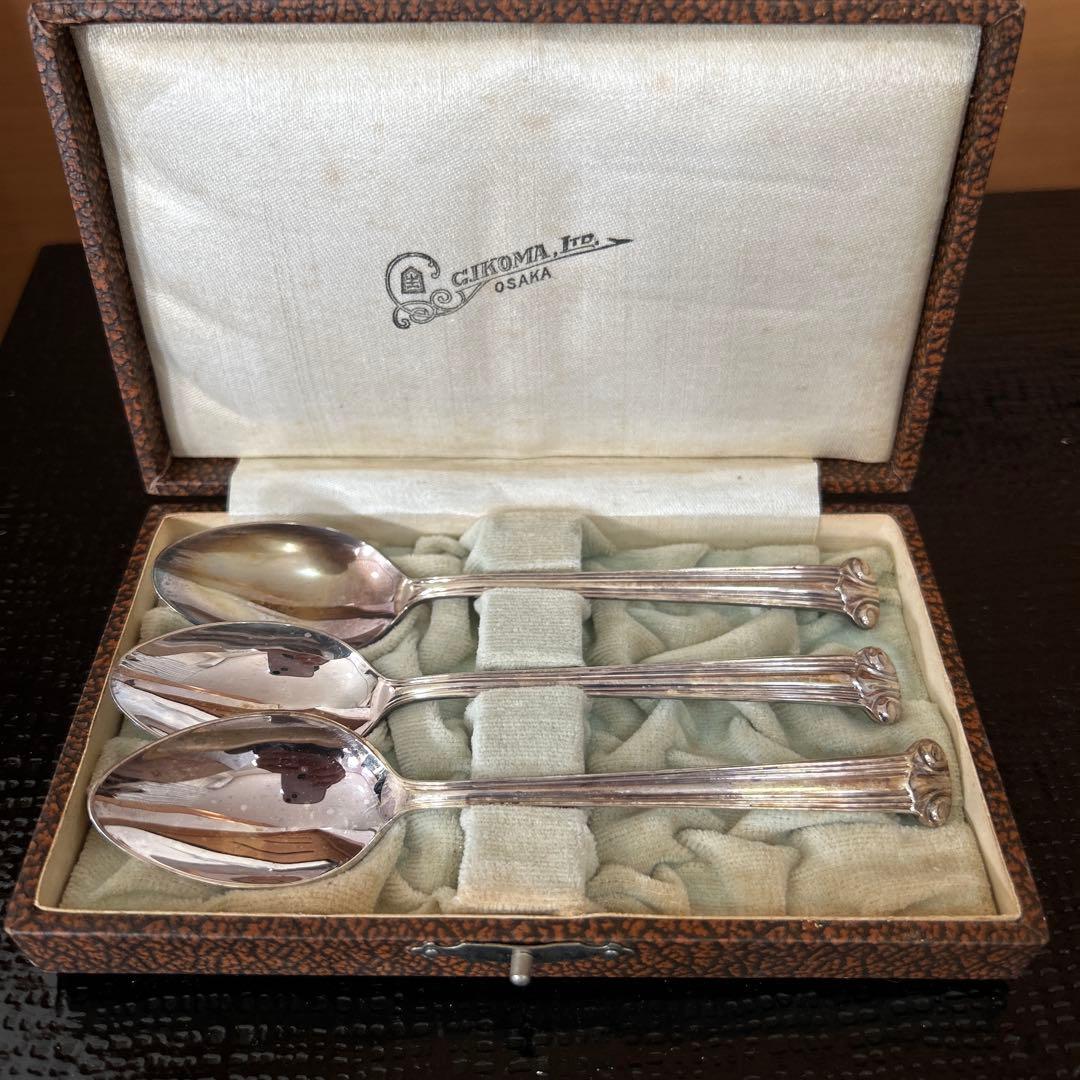 新品◆③純銀製　装飾スプーン3本セット　昭和レトロ　生駒時計店　アンティーク食器