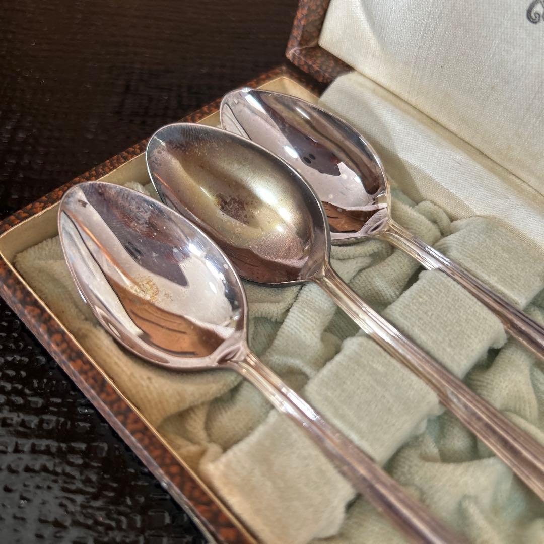 新品◆③純銀製　装飾スプーン3本セット　昭和レトロ　生駒時計店　アンティーク食器