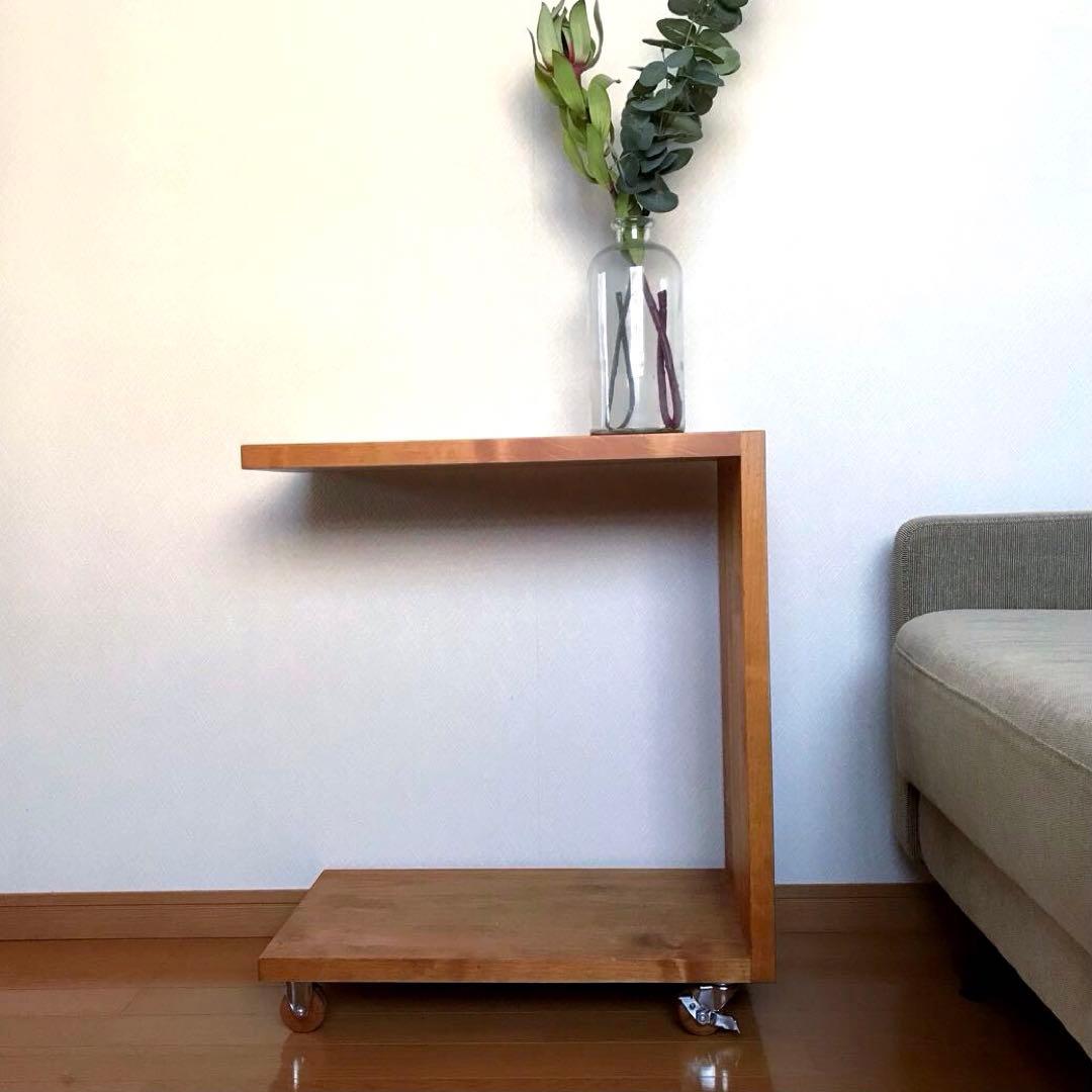 コの字 サイドテーブル キャスター付 木製 和モダン ベッドサイド ビンテ ージ