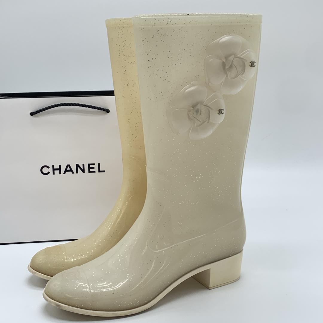 シャネル カメリア装飾 ココマーク ラメ レインブーツ サイズ39 ホワイト
