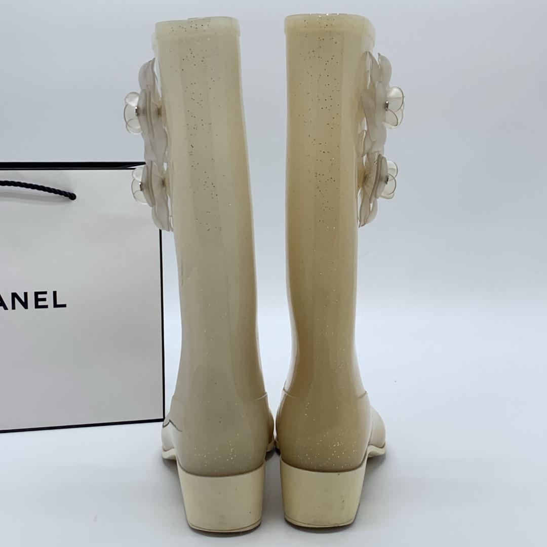 シャネル カメリア装飾 ココマーク ラメ レインブーツ サイズ39 ホワイト