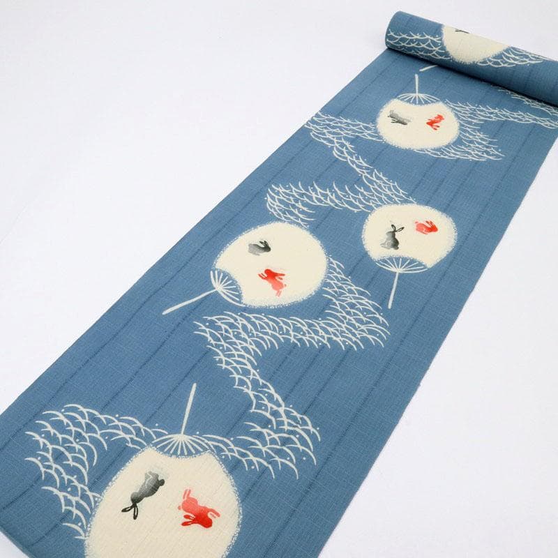 《綿麻紅梅◆浴衣反物■うちわにうさぎ露芝模様◆ブルー■夏着物■反25-35》