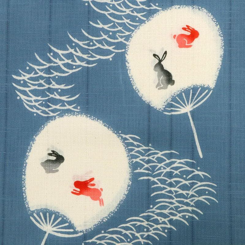 《綿麻紅梅◆浴衣反物■うちわにうさぎ露芝模様◆ブルー■夏着物■反25-35》
