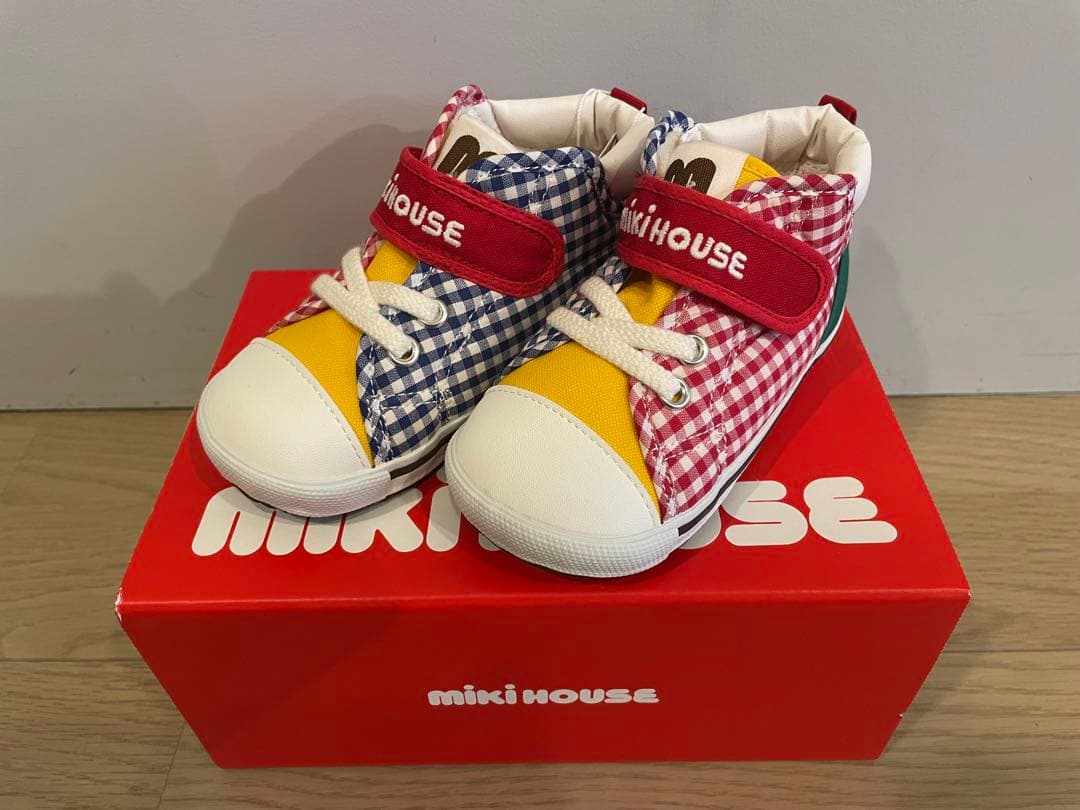 【新品未使用】ミキハウス スニーカー 15cm 赤・青・黄色　チェック柄