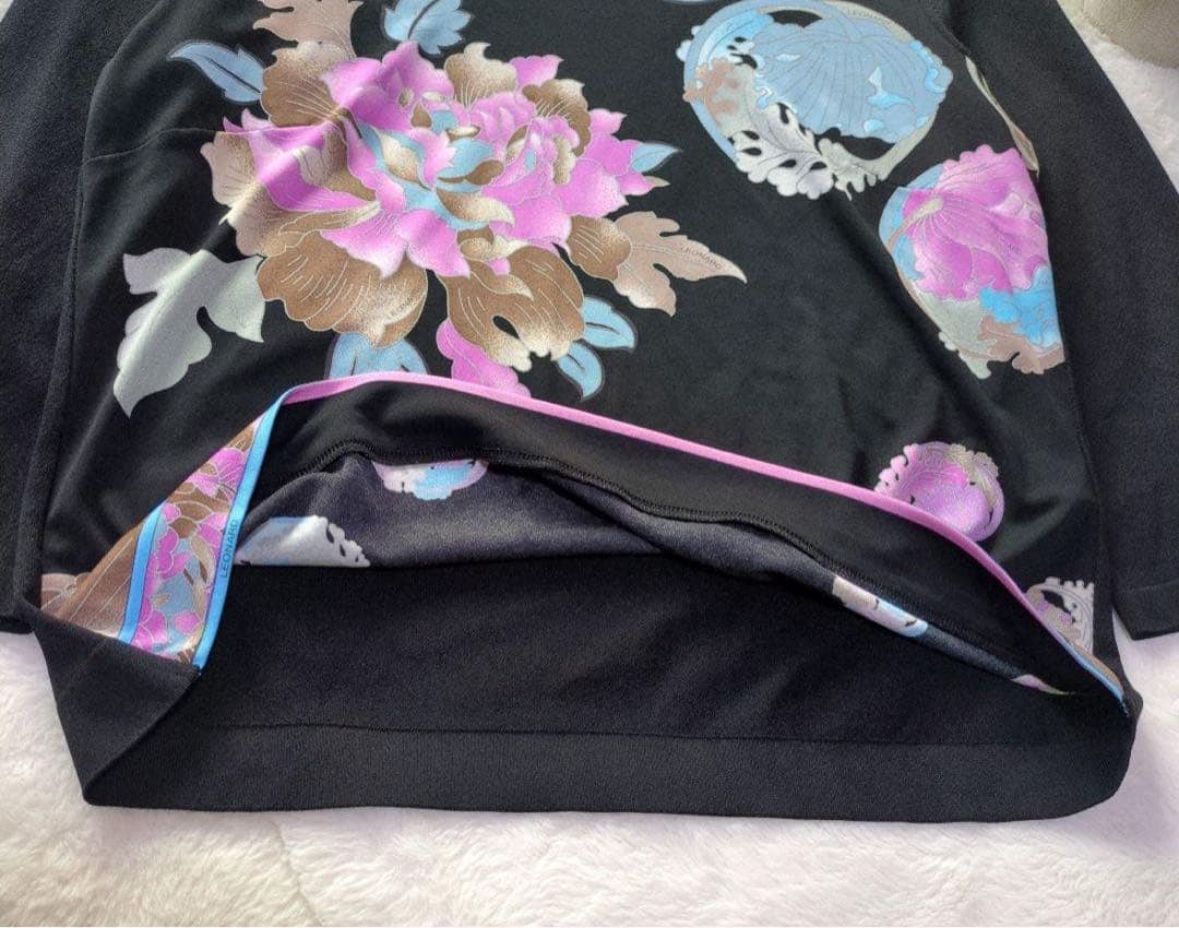 タイムセール【美品】レオナール　カンカン素材　黒　花柄　トリム　ピンク　水色40