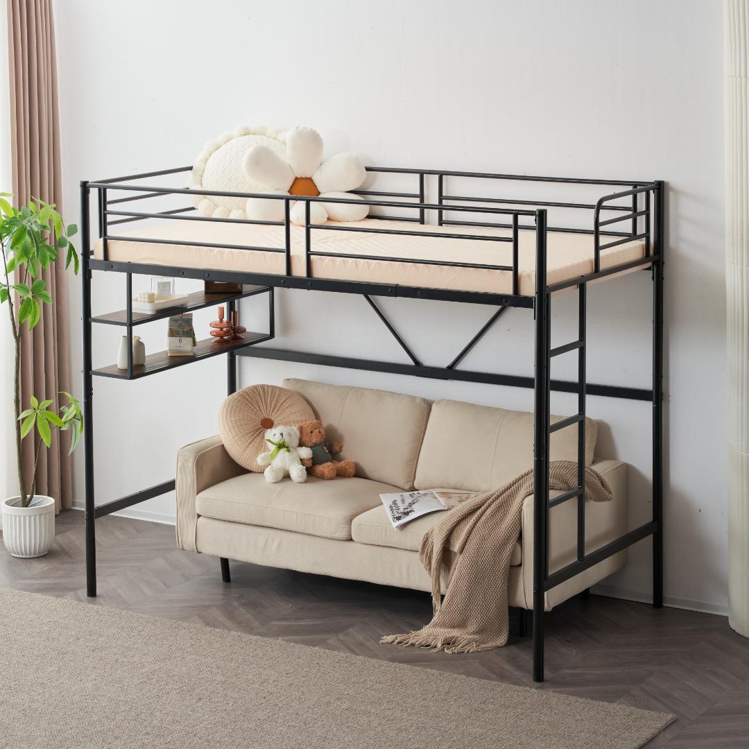 ロフトベッド パイプベッド（S）北欧風デザイン安定構造・耐震設計　BLACK