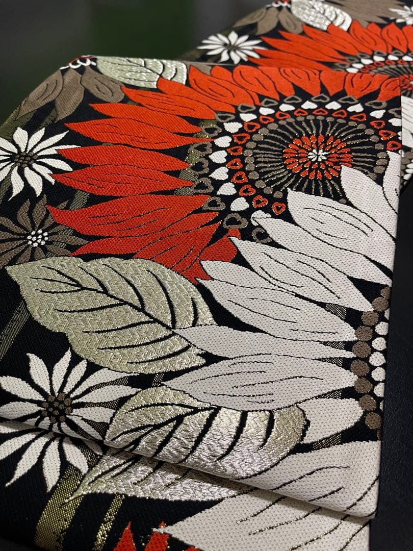 お仕立て付き【西陣織袋帯◆大輪の花】黒 赤 白 銀 金