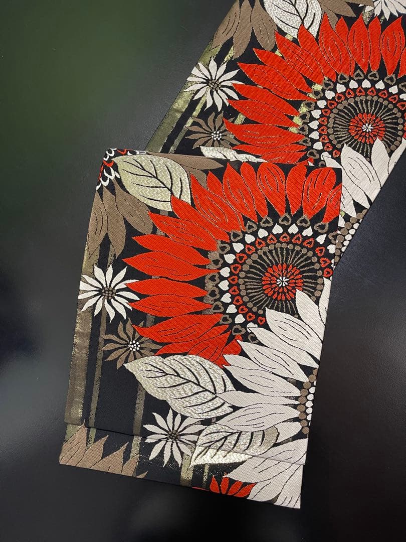 お仕立て付き【西陣織袋帯◆大輪の花】黒 赤 白 銀 金