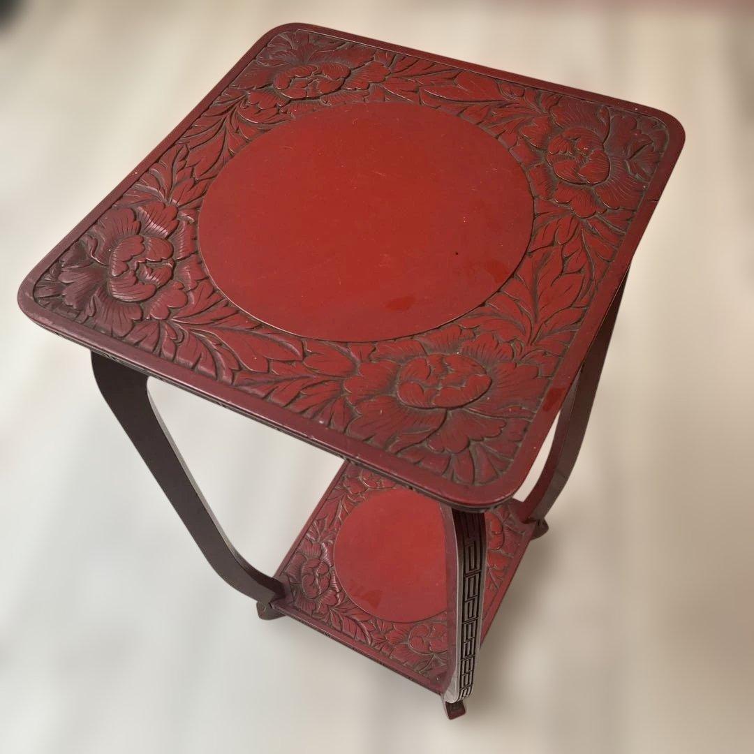 【中古品】村上堆朱 牡丹 唐草 高 花台　花瓶台　レトロ　ビンテージ　伝統工芸