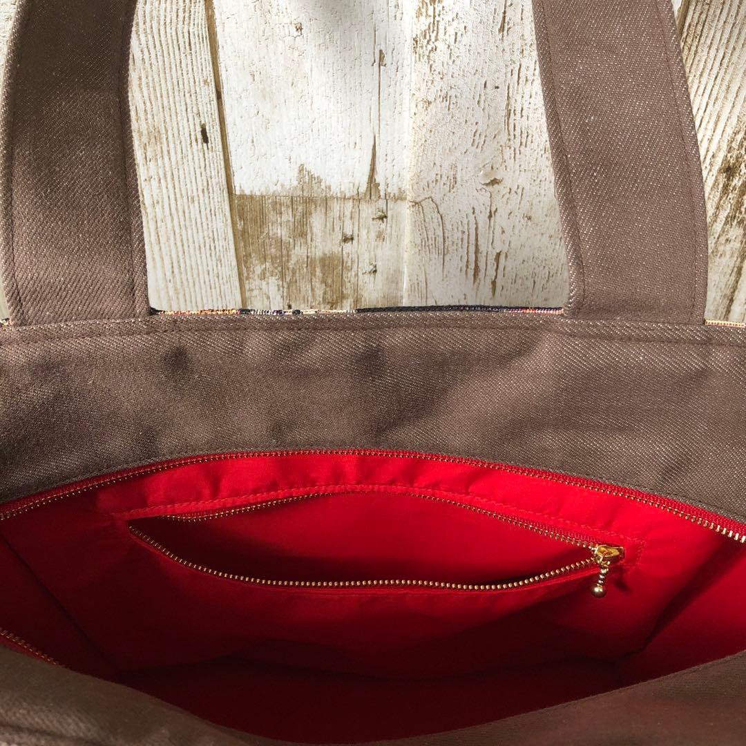 bebe✻y　トートバッグ　ハンドメイド　ブラウン×レッド【新品デニム】