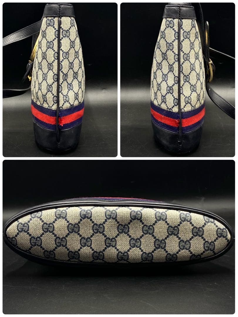 グッチ GG柄 シェリーライン ロゴ ショルダーバッグ ネイビー レザー