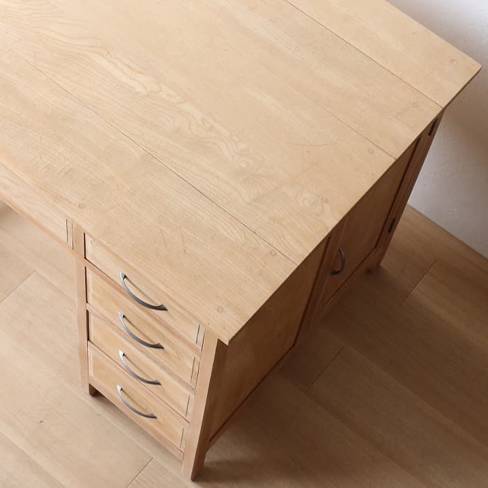 アンティーク タモ材 無塗装 片袖机 レトロ 無垢材 デスク 古家具