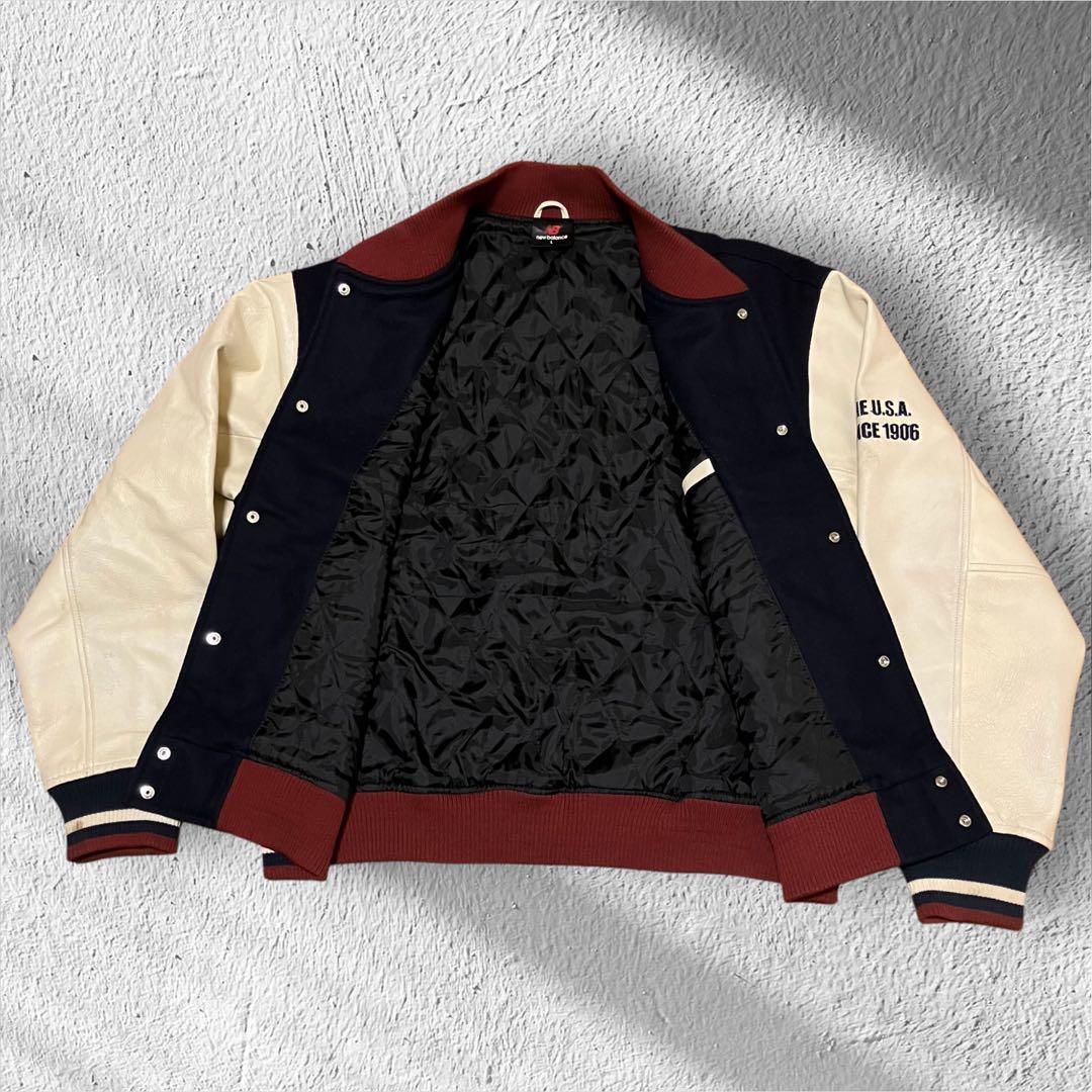 希少 ニューバランス 袖レザー スタジャン L ウール 豚革 刺繍ロゴ ネイビー