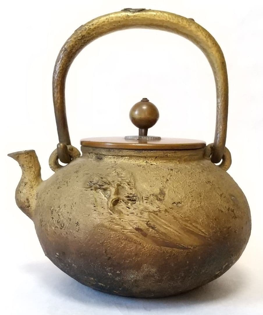 梅泉造 亀文堂 銅瓶 山水楼 帆船紋盖 象嵌叶提梁