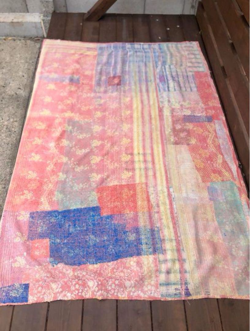【未使用】ヴィンテージラリーキルト　パステルピンク　インドカンタキルトラグ