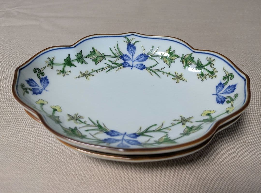 源右衛門 染錦秋草文 木瓜型 銘々皿2 枚セット