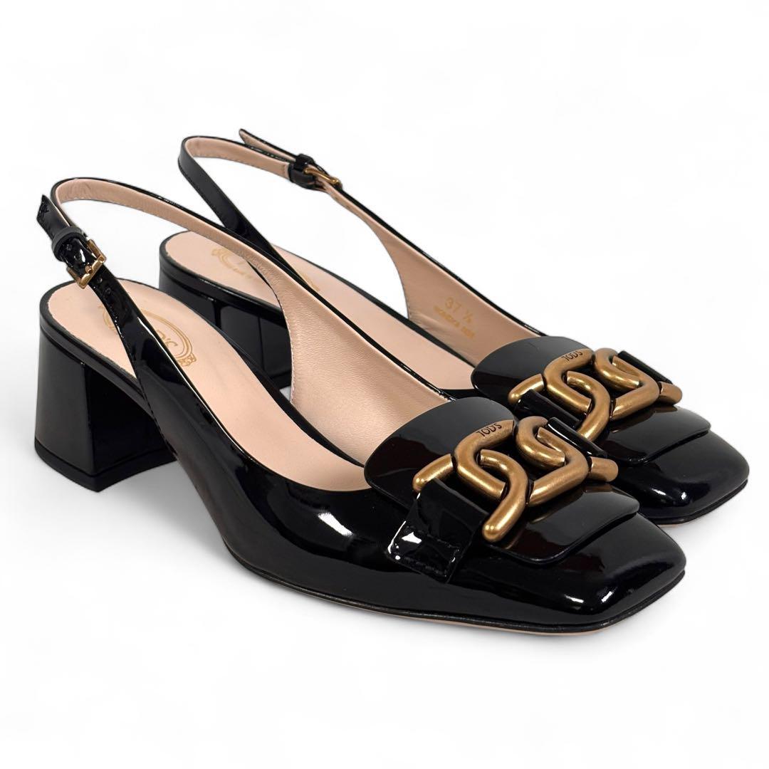 美品 トッズ 37 1/2 24.5 ケイト エナメル ミュール ブラック 黒