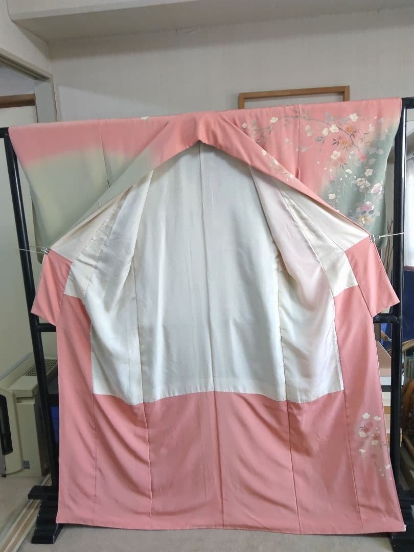 F‐307 訪問着 京友禅 袷 染め分け 桜 鴛鴦 金彩 銀彩 落款 美品