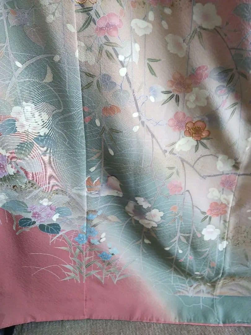 F‐307 訪問着 京友禅 袷 染め分け 桜 鴛鴦 金彩 銀彩 落款 美品