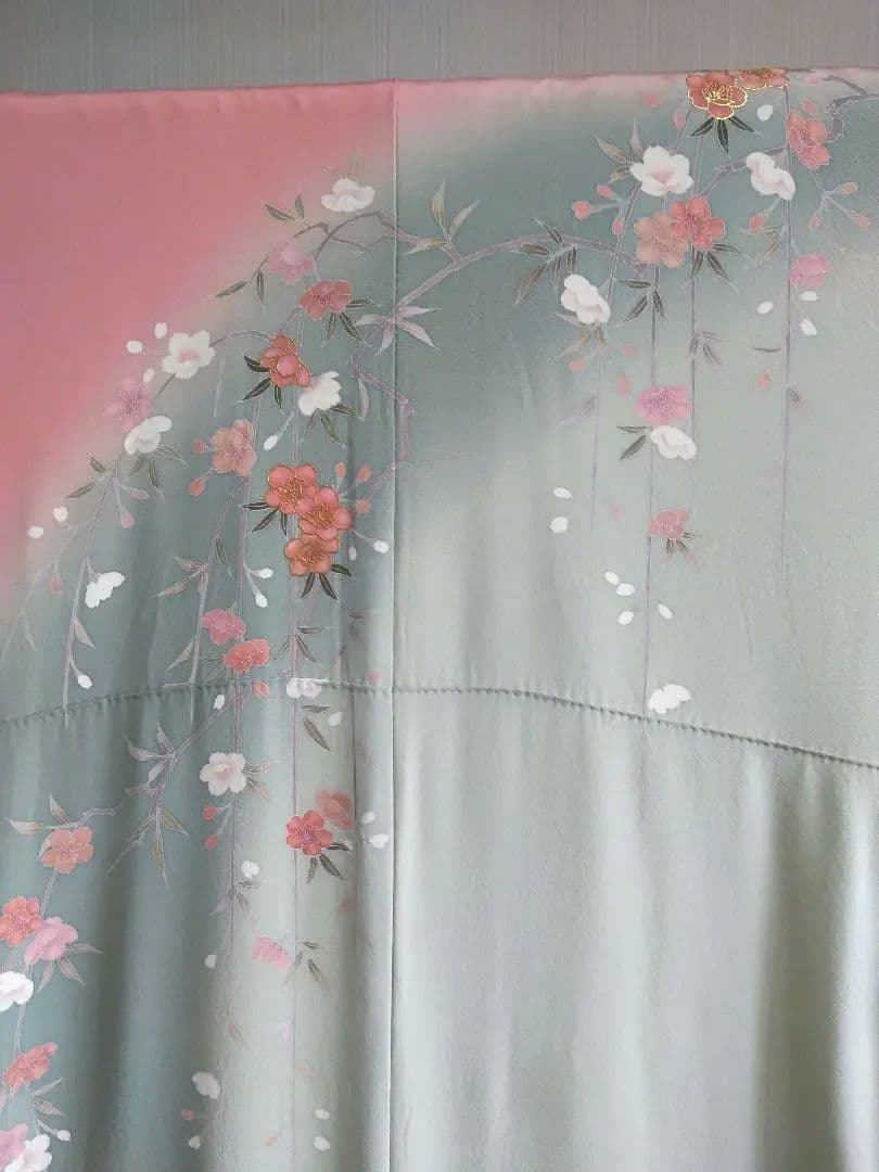 F‐307 訪問着 京友禅 袷 染め分け 桜 鴛鴦 金彩 銀彩 落款 美品