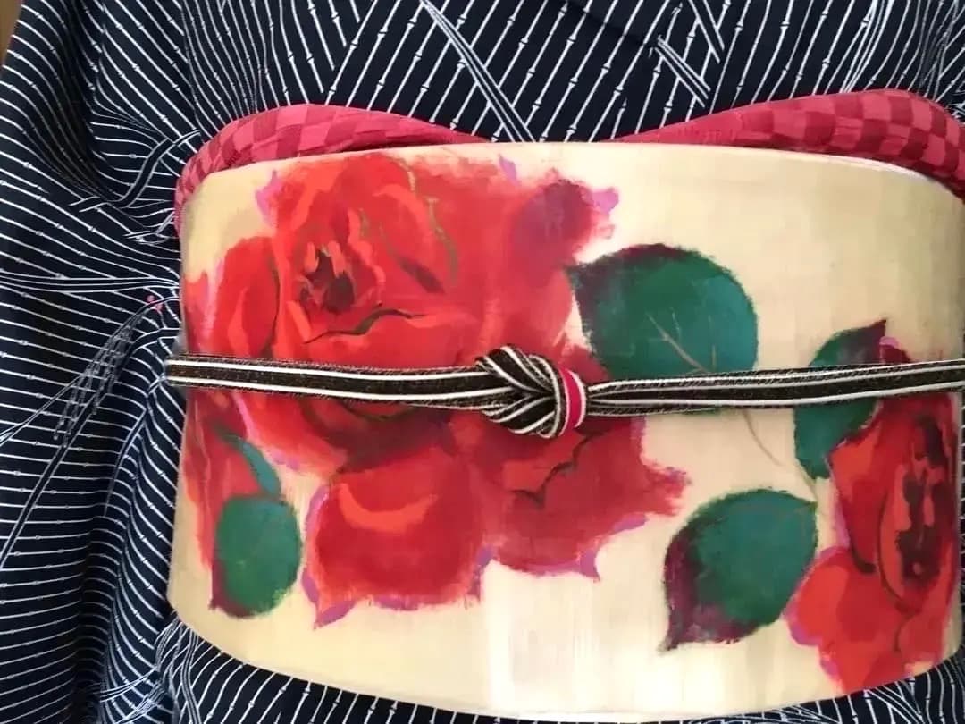 Antique Kimono 薔薇手描き 絵画的 圧倒的迫力 繻子正絹名古屋帯