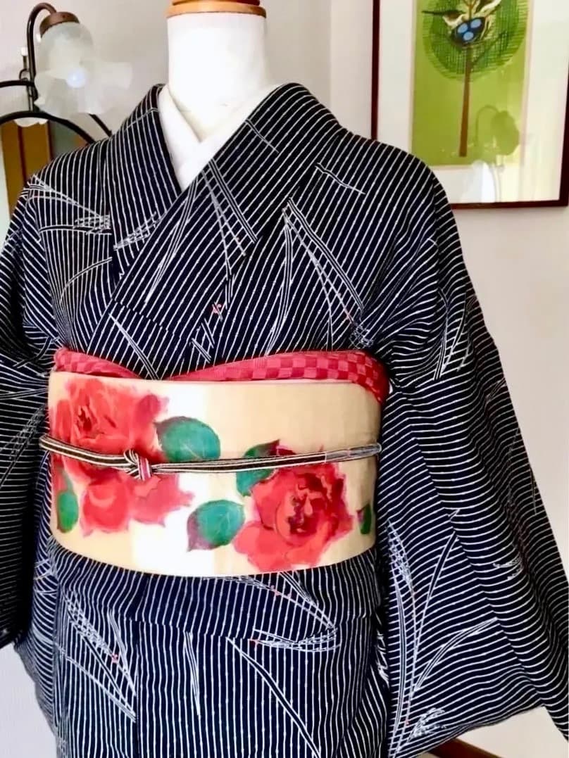Antique Kimono 薔薇手描き 絵画的 圧倒的迫力 繻子正絹名古屋帯