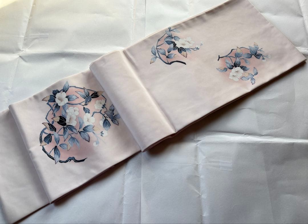 東レシルック　洗える九寸名古屋帯　塩瀬　薄いピンク 花模様