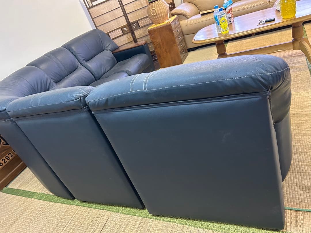 ダークブルー レザー コーナーソファ