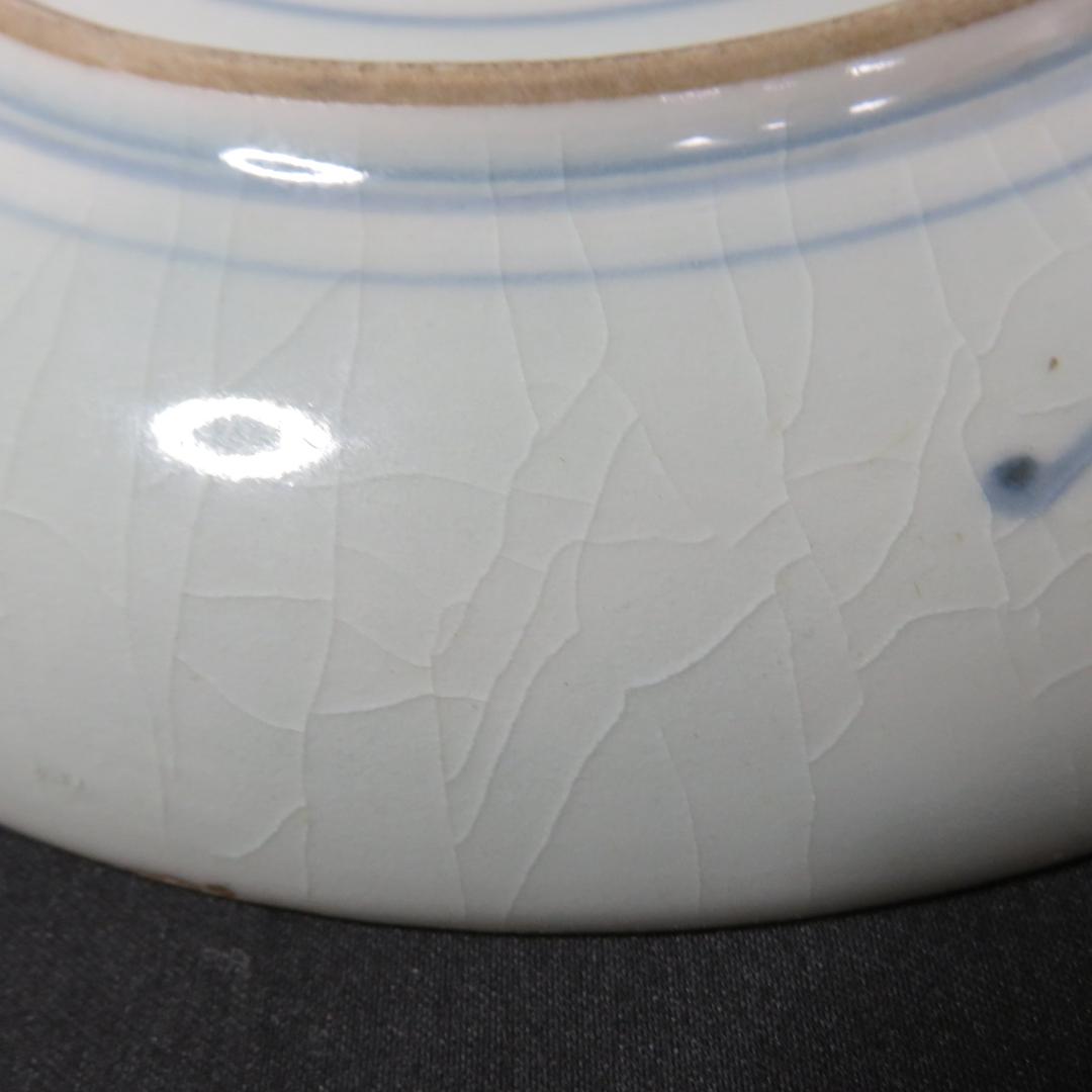 古伊万里 中皿 染付 4枚 甘手 蛤チップ 歪み 貫入 獅子 江戸