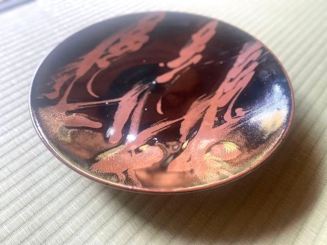 極上大皿！人間国宝濱田庄司作モダンな《黒釉錆流描大皿 》（検民芸スリップウェア