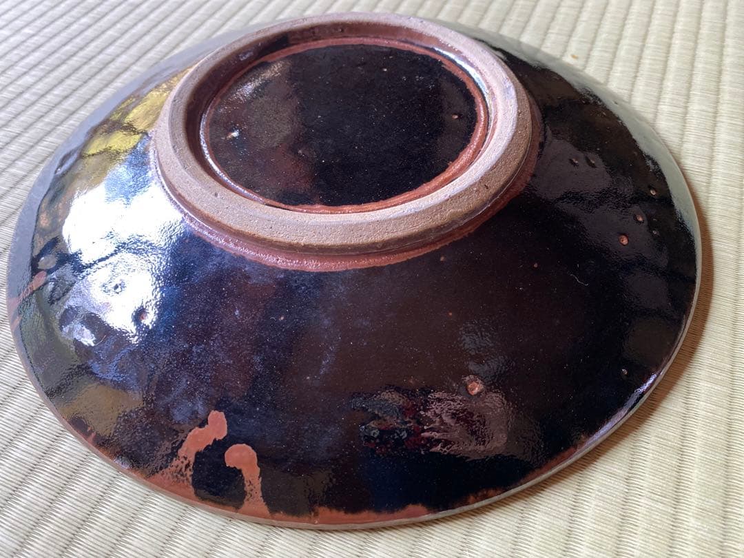 極上大皿！人間国宝濱田庄司作モダンな《黒釉錆流描大皿 》（検民芸スリップウェア