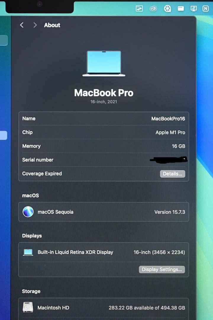 MacBook本体 Apple MacBook Pro 16in 16GB 512GB SSD