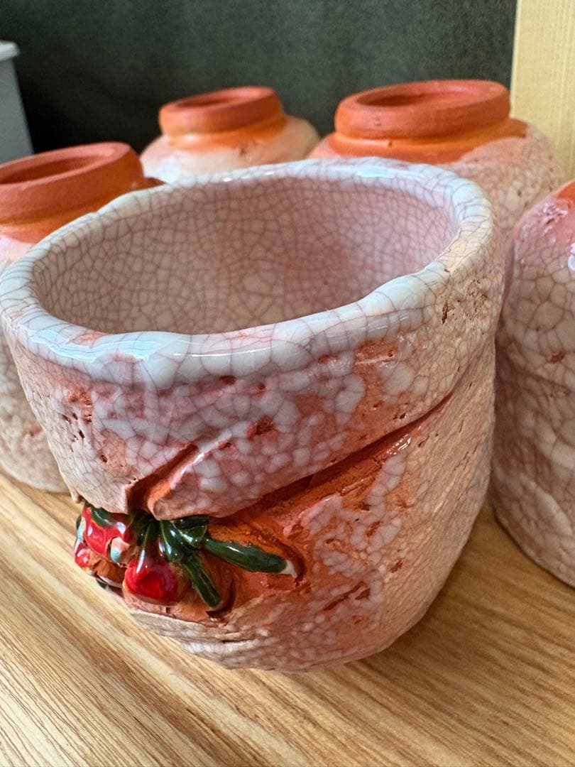 北*里様 未使用 楽山焼 湯呑 5客セット 天神蟹細密彫り 箱付