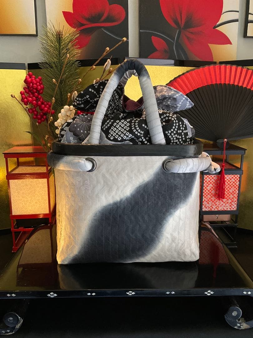 一閑張り　一閑張りバッグ　古文書　和紙　花絵柄　着物　京友禅　正絹　墨波紋様