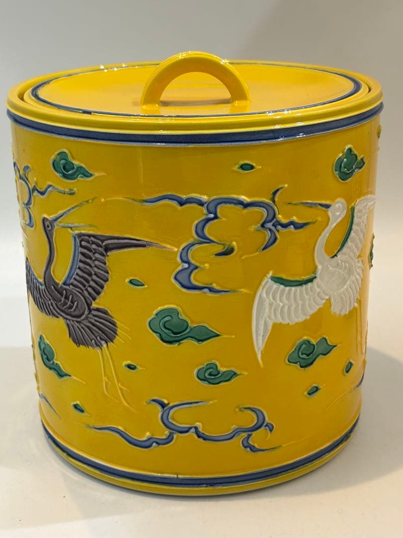 茶道具 皆具 叶松谷 黄交趾雲鶴 水指 建水 蓋置 尺立 共箱