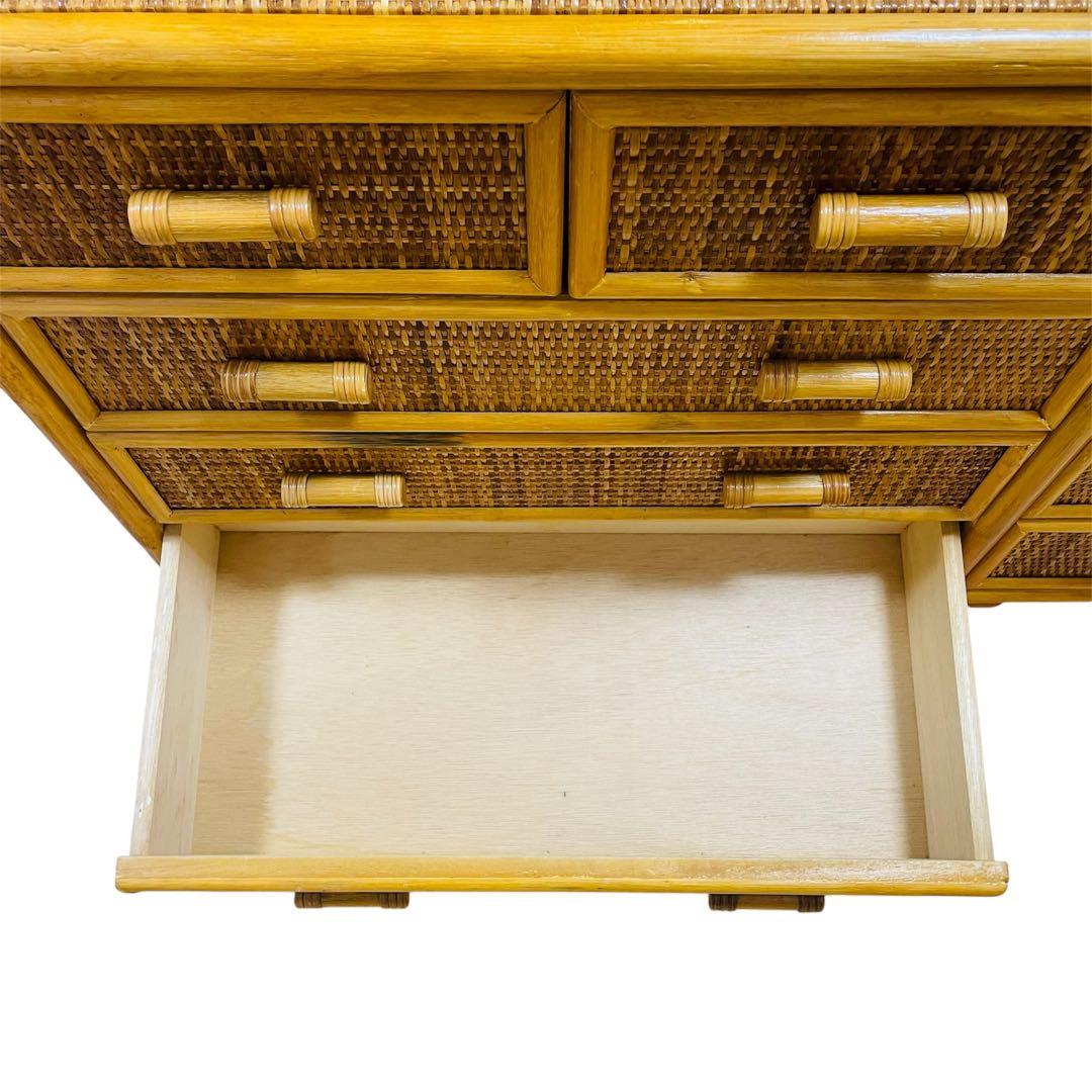【大人気】ラタン 籐 ワイド ローチェスト 棚 10杯 昭和レトロ ヴィンテージ