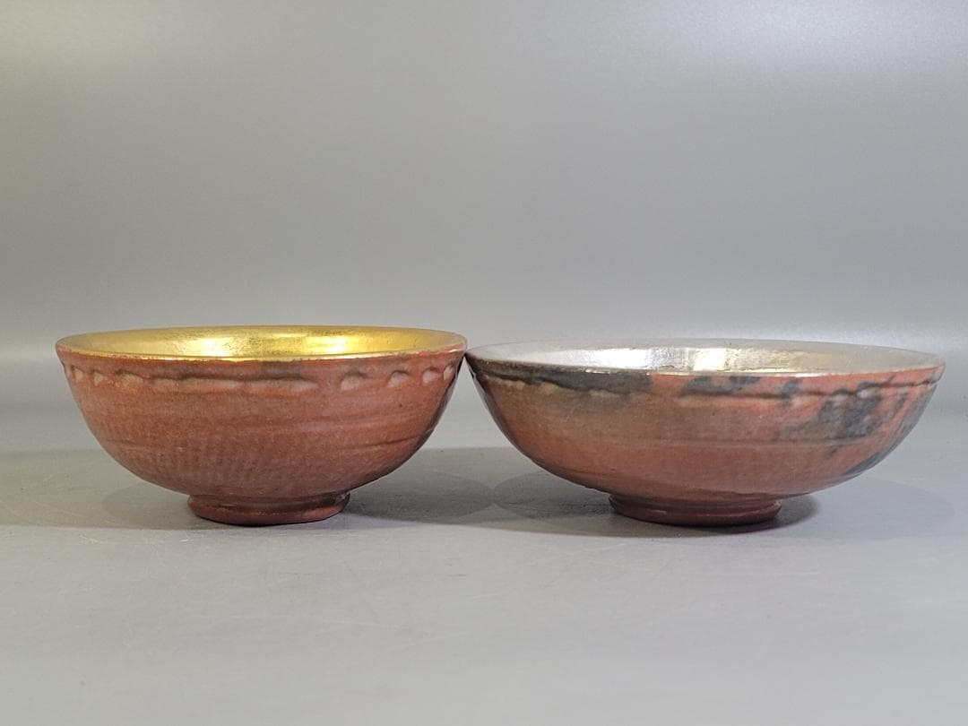 茶道具 嶋台茶碗 赤楽 金銀 一対 共箱 DT746