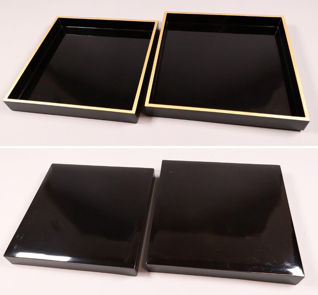 漆芸 木製漆器 丸に草花図 金蒔絵 二段重 重台 黒塗 朱塗 重箱【MA171】