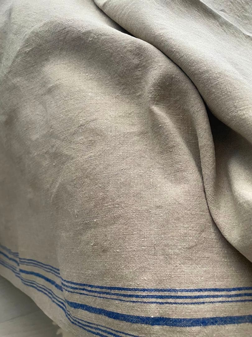 希少　フランスアンティークリネン　麻生地　クロス　綺麗ブルーライン　70×152