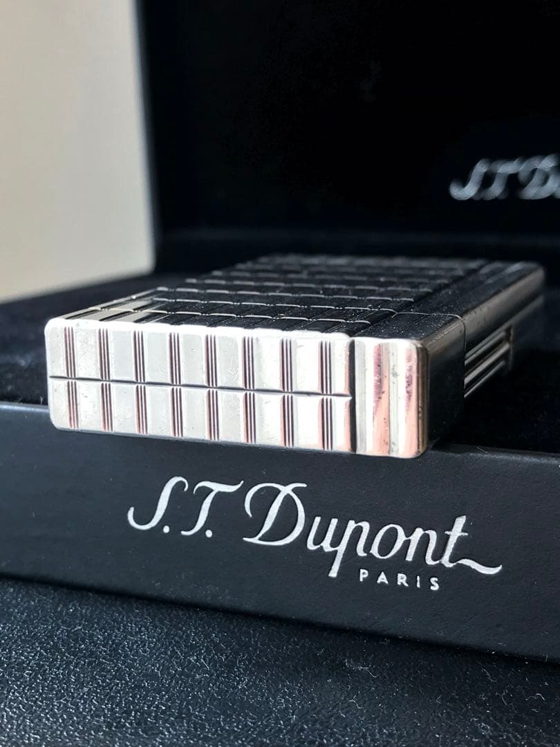 美品　開閉音快音キーン　デュポン　ガスライター　ストライプ　シルバー　ライン2s
