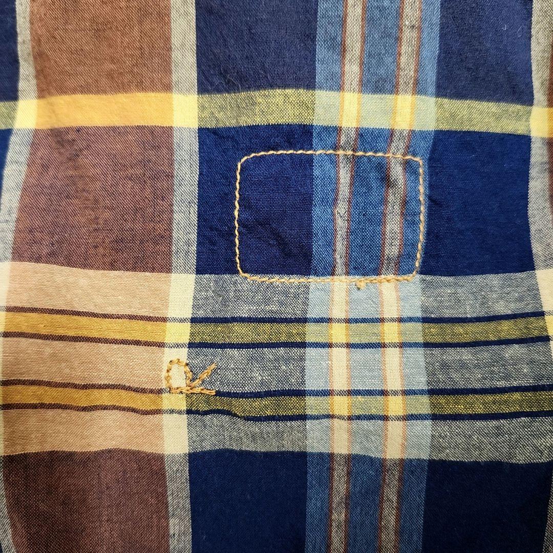 美品✨　45R インド麦平のマドラスフリルカシュクールブラウス　マドラスチェック