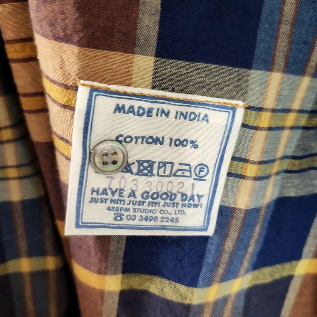 美品✨　45R インド麦平のマドラスフリルカシュクールブラウス　マドラスチェック