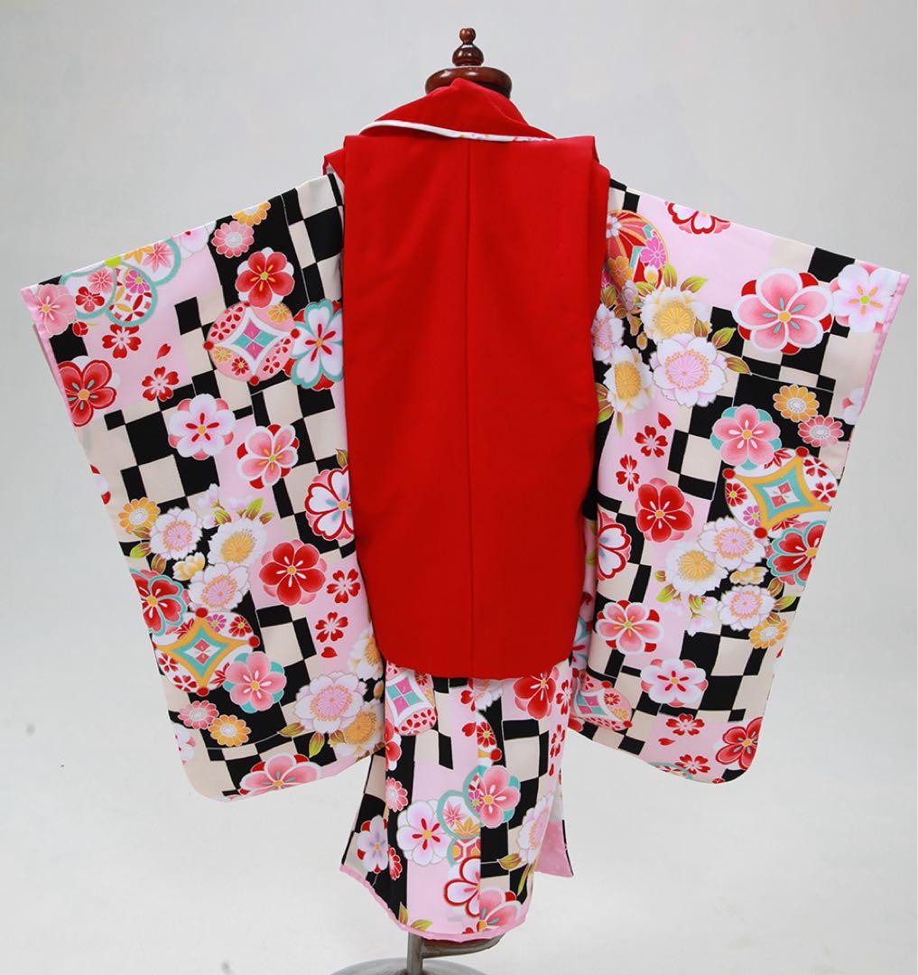 七五三3歳被布赤とピンクの花柄着物