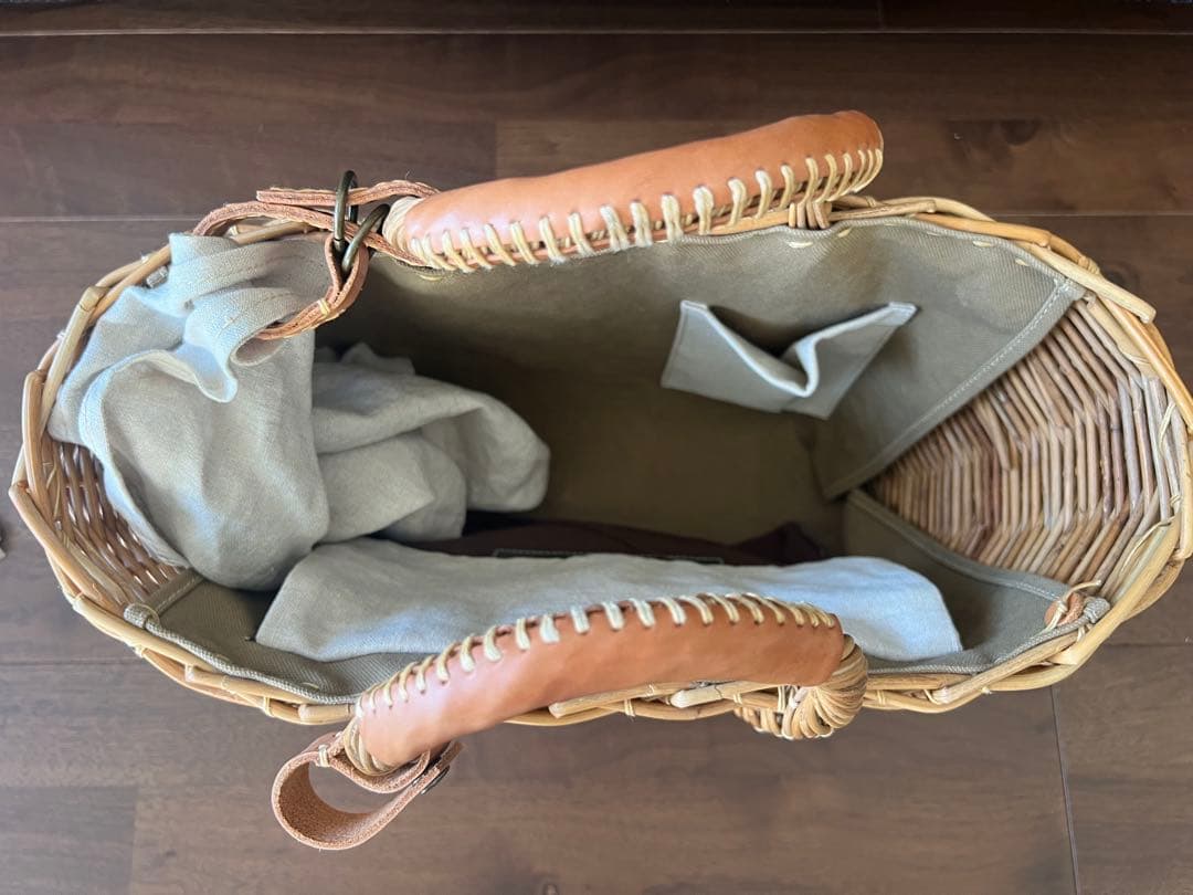 ebagos エバゴス 紅籐カゴ リネンかぶせ布付 小型鏡付 美品 専用保管袋付