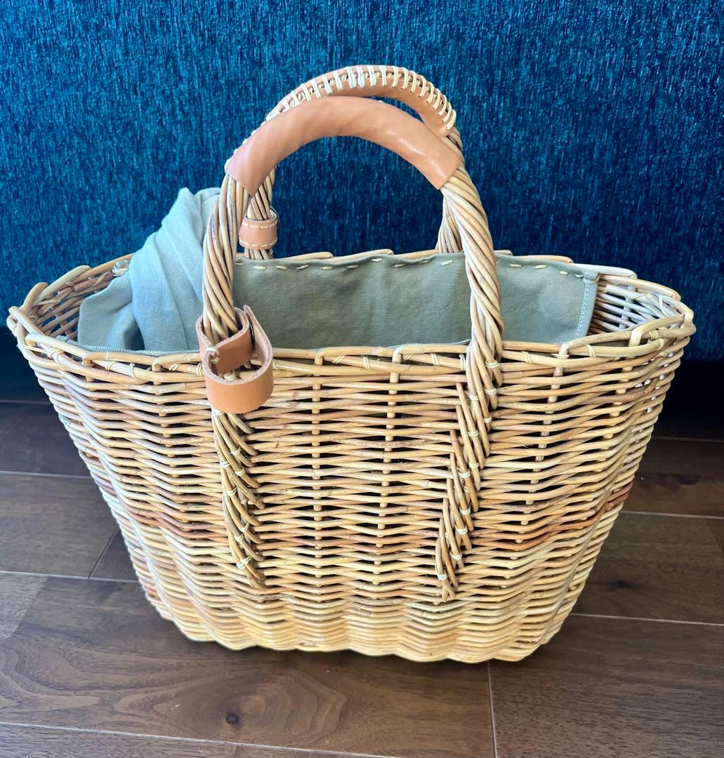 ebagos エバゴス 紅籐カゴ リネンかぶせ布付 小型鏡付 美品 専用保管袋付