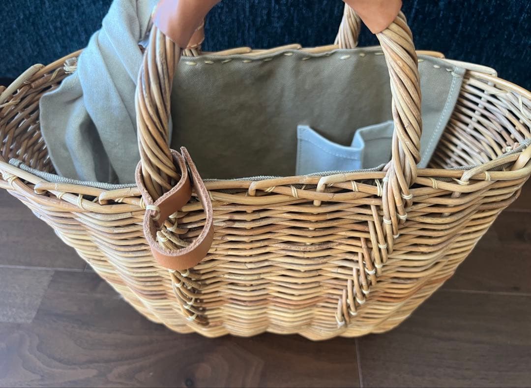 ebagos エバゴス 紅籐カゴ リネンかぶせ布付 小型鏡付 美品 専用保管袋付